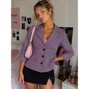 Vintage Y2K Joan Rivers Pink Black Houndstooth Cotton Stretch Jacket XL Preppy